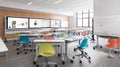 Modern classroom with white tables, colorful chairs, interactive screens, and whiteboards. Royalty Free Stock Photo