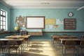 a bright, tidy classroom with desks, chairs, a globe, and educational materials under a clock Royalty Free Stock Photo