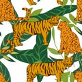 Bright Tiger and Leaves Vector Seamless Pattern