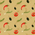 Bright tomato, pepper texture digital seamless pattren on a beige background. Print for banners, wrapping paper, posters, cards, i