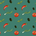 Bright tomato, pepper texture digital seamless pattren on a green background. Print for banners, wrapping paper, posters, cards, i