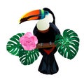 Bright toucan bird sitting on branch around palm monstera leaves and flowers on white background
