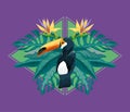 A bright toucan hides in the jungle under palm trees and flower