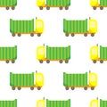 Bright toy cars, dump truck . Seamless vector pattern for the design of children`s clothing, bedding, covers and other surfaces Royalty Free Stock Photo