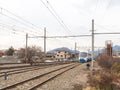 Bright train arrives at the station