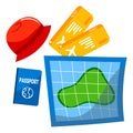 Bright travel icons featuring a red beret, yellow plane tickets, a blue passport, and a map with a green location pin