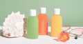 bright travel pack of hygiene product, mini package, travel toiletries, small plastic bottles for vacation self care