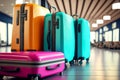 bright travel suitcases and luggage bags in waiting area in airport baggage claim area Royalty Free Stock Photo