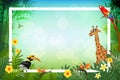 Bright tropical background with cartoon; jungle; animals; Royalty Free Stock Photo