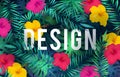 Bright tropical background. Exotic pattern jungle plants palm leaves flower rainforest hawaiian nature green art card