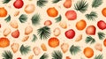 Bright tropical beach seamless pattern with seashells and palm leaves for summer prints Royalty Free Stock Photo