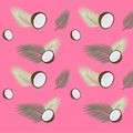Bright tropical pattern of coconut and palm tree leaves. Half of coco with leaf on a pink background. Flat vector