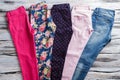 Bright trousers with blue jeans. Royalty Free Stock Photo