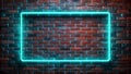 Glowing turquoise neon rectangle frame on dark brick wall light Royalty Free Stock Photo