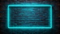 Glowing turquoise neon rectangle frame on dark brick wall background light cyan Royalty Free Stock Photo