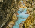 Bright turquoise water in a brook in a gorge with cascades