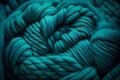 Bright turquoise woolen threads. Brains from yarn macro view knitting hobby needlework. Handmade natural rope skein warm