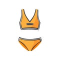 Two-piece sports swimsuit for women. Clothing for swimming. Orange athletic bikini with black stripes. Flat vector icon