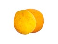 Bright two yellow peach juicy sweet fruit, healthy snack, on white isolated Royalty Free Stock Photo