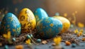 Bright Ukrainian Easter eggs in blue and yellow feature traditional patterns. Decorated eggs rest in nests with spring flowers, Royalty Free Stock Photo