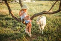 Bright Ukrainian girl with long blond hair in a hat and dress on a farm. Girl 6 years old at sunset sits on a tree and feeds a