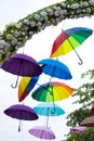 Bright umbrellas in the festive decoration of the city Royalty Free Stock Photo