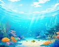 bright underwater background with coral algae and bubbles.