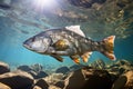 Bright underwater view of a fish are swimming upstream in the clear water on a river stream