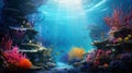 Bright underwater world. Coral reef. Fish and marine plants. The lights of a sun. Copy space. Royalty Free Stock Photo