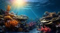 Bright underwater world. Coral reef. Fish and marine plants. The lights of a sun. Copy space Royalty Free Stock Photo