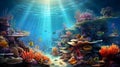 Bright underwater world. Coral reef. Fish and marine plants. The lights of a sun. Copy space Royalty Free Stock Photo