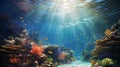 Bright underwater world. Coral reef. Fish and marine plants. Rays of the sun through the water. Copy space Royalty Free Stock Photo