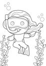 Little Girl Snorkling and Diving Underwater Sport Coloring Pages for Kids and Adult