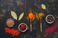 Bright various spices, wooden spoons on a dark rustic background. View from above.