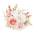 Bright vector floral bouquet design. Blush peach, pale pink Rose, ivory white wax flowers, golden brown, orange red fall