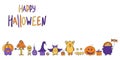 Bright vector Halloween banner with funny cute hand-drawn characters. Royalty Free Stock Photo