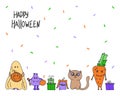 Bright vector happy Halloween banner with funny cute hand-drawn characters. Royalty Free Stock Photo