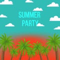 Bright vector illustration with coconut palms, sunset sky, clouds and text `summer party`. Royalty Free Stock Photo