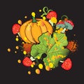 Bright vector illustration of happy Halloween with pumpkin, mushrooms, leaves