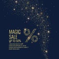 Vector illustration. Magic Sale. Sparkling glittery particles on a dark background.