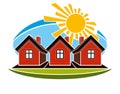 Bright vector illustration of simple country houses on sunrise Royalty Free Stock Photo