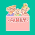 Bright vector illustration sticker happy young family, the husband and wife, with smiling infant. Mom and dad with the baby. Greet