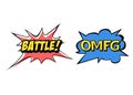 Bright vector OMFG and Battle speech bubbles. Colorful emotional icons isolated on white background. Comic and cartoon style.