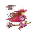 Bright vector pretty good girl witch on broom with white cat. Illustration humorous young magician and pet to all saints