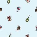 Bright vector seamless pattern with holiday attributes, birthday, alcohol, gift, cake. Editable repeating background Royalty Free Stock Photo