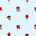 Bright vector seamless pattern with holiday attributes, birthday, balloon, gift, flag. Editable repeating background Royalty Free Stock Photo