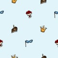 Bright vector seamless pattern with holiday attributes, birthday, cake, crown, flowers. Editable repeating background Royalty Free Stock Photo