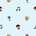 Bright vector seamless pattern with holiday attributes, party, music, crown, flowers. Editable repeating background Royalty Free Stock Photo
