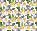 Bright vector Seamless pattern with lemons and butterfly. Yellow, green and purple kids textile illustration.