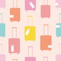 Bright vector seamless pattern with luggage, suitcase, tags, barcode with destination. Summer illustration about travel